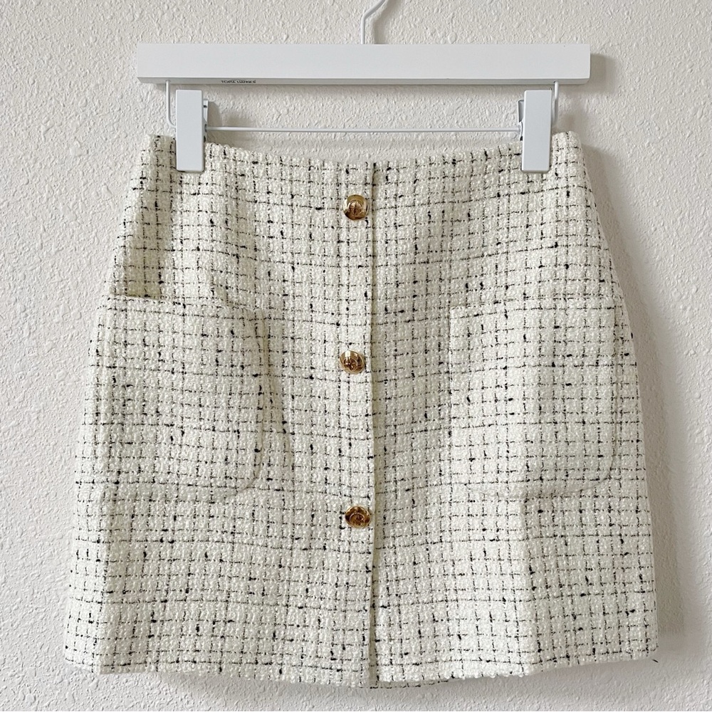Anine Bing Mateo Tweed Mini Skirt Black White Size 36 / US Small Metallic Wool